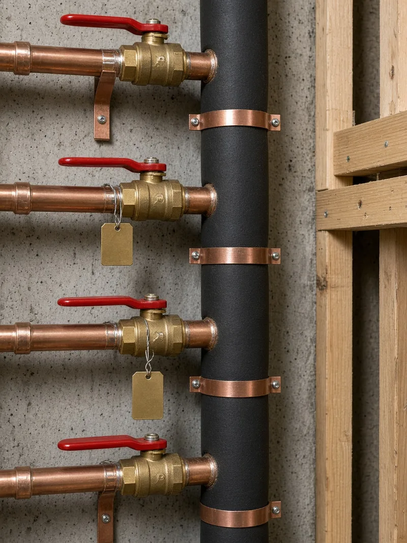 New copper branch legs in a condominium riser shaft, each fitted by BMI with a red-handled ball valve and an identification tag