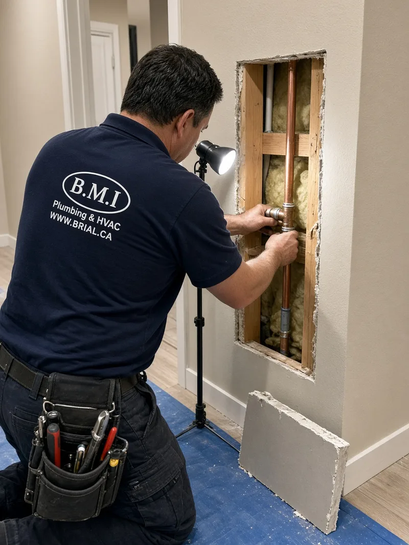 BMI technician working on copper branch pipework through a neatly cut opening in the wall of an occupied condominium suite