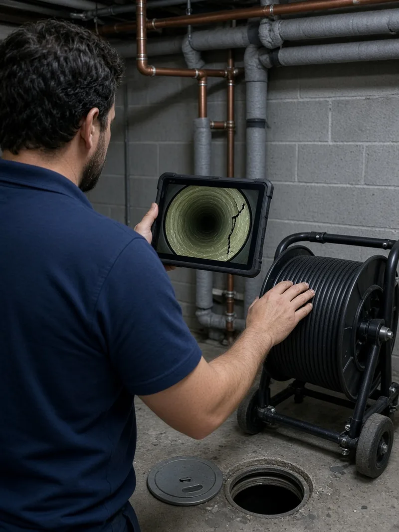 BMI technician reviewing recorded drain camera footage showing a cracked cast iron pipe wall in a condominium mechanical room