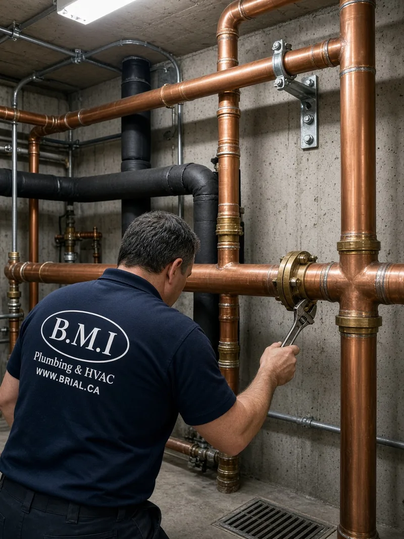 BMI plumber working on large copper riser mains, fittings and an anchor bracket in a Toronto condominium mechanical room