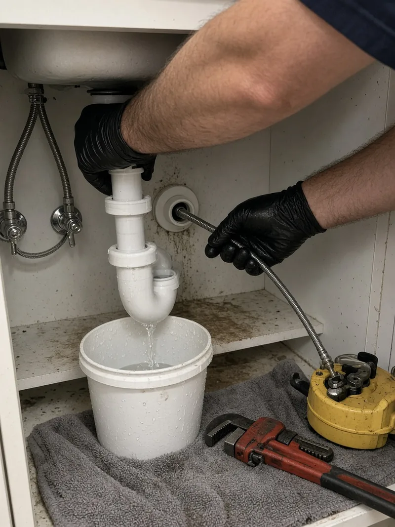BMI technician snaking a blocked sink drain with the trap removed in a condominium suite