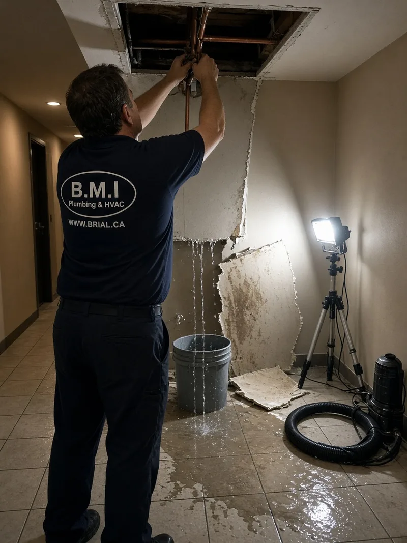 BMI technician repairing a leaking copper joint through an opened ceiling during an after-hours emergency callout in a Toronto condominium