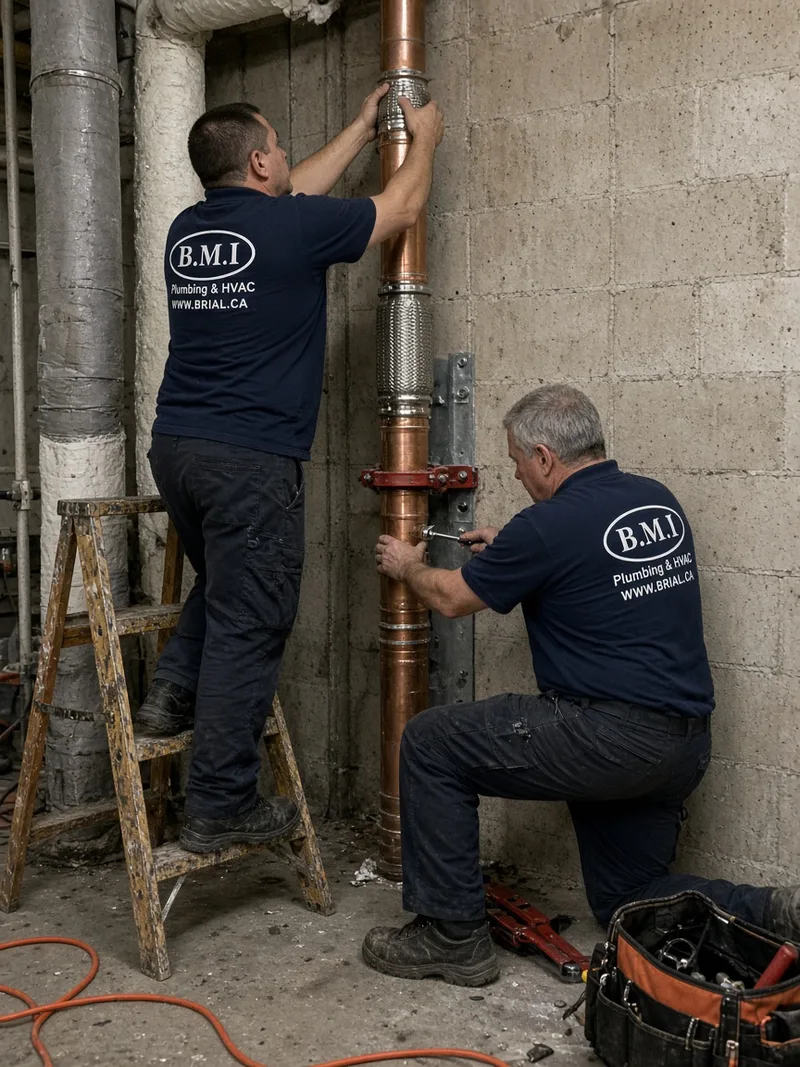 BMI plumbers installing a new expansion compensator on a copper riser in a Toronto condominium mechanical penthouse