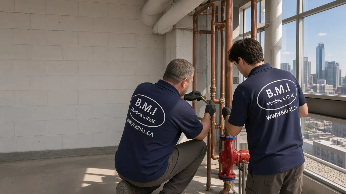 Two BMI technicians soldering new copper risers in a Toronto condominium mechanical penthouse