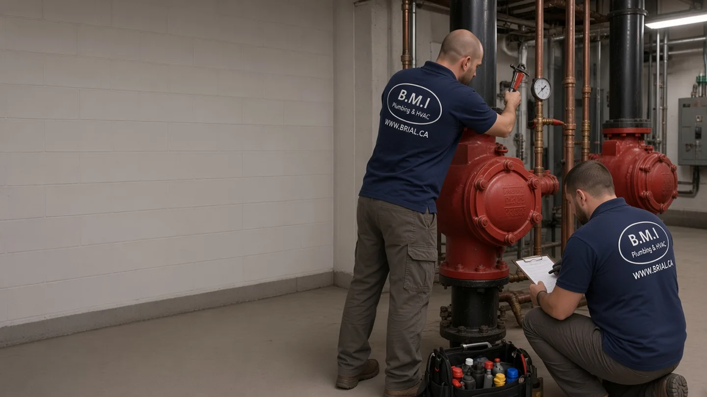 BMI technicians servicing a pressure reducing valve station and charting valves in a Toronto condominium mechanical room