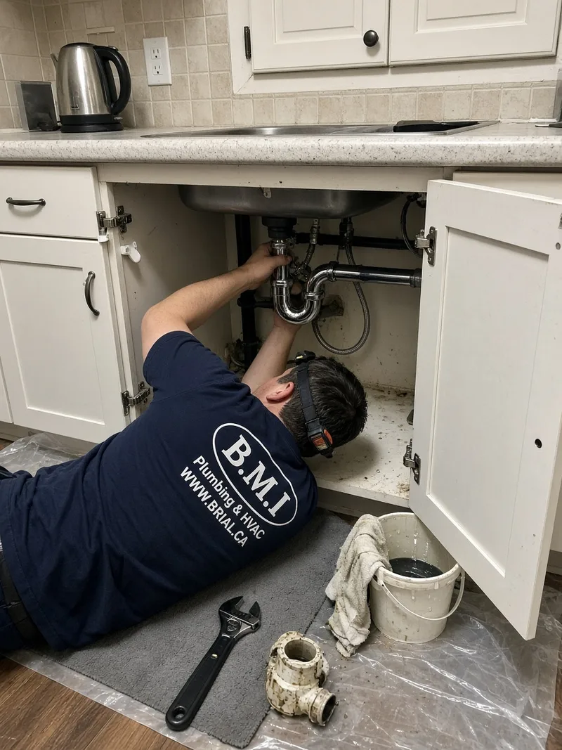 BMI plumber under a kitchen sink in an occupied condominium suite with protection down and the old trap removed
