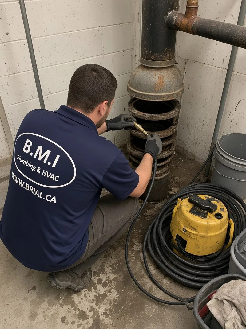 BMI technician feeding a high-pressure jetting hose into an opened condominium kitchen stack cleanout