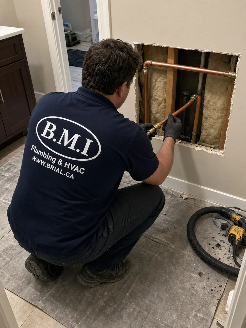 BMI plumber removing old Kitec pipe from an opened wall in a Toronto condominium suite