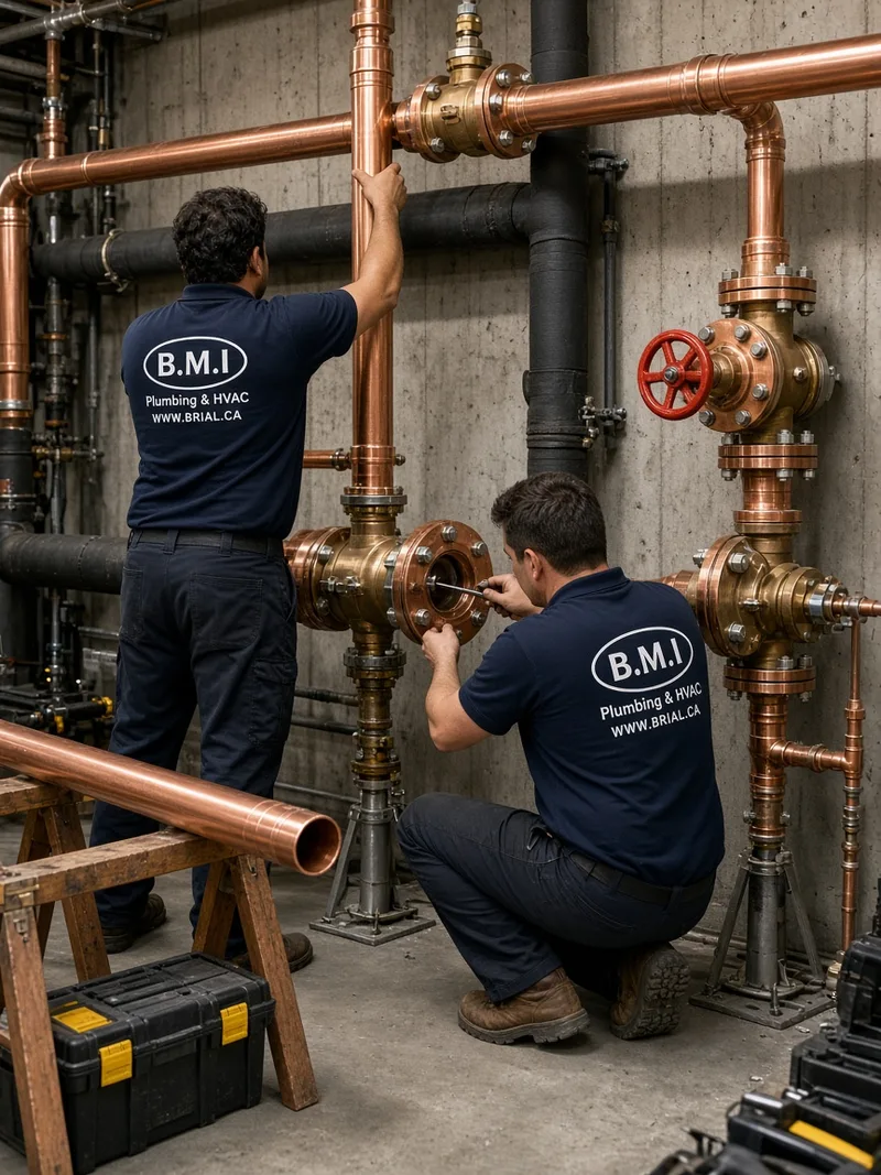 BMI plumbers tying new copper mains into a valve header in a Toronto condominium mechanical room during a riser replacement