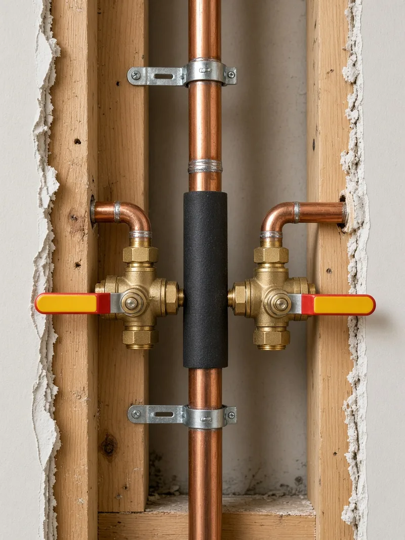 New copper pipework and isolation valves installed in an opened suite wall before close-up on a BMI re-piping programme