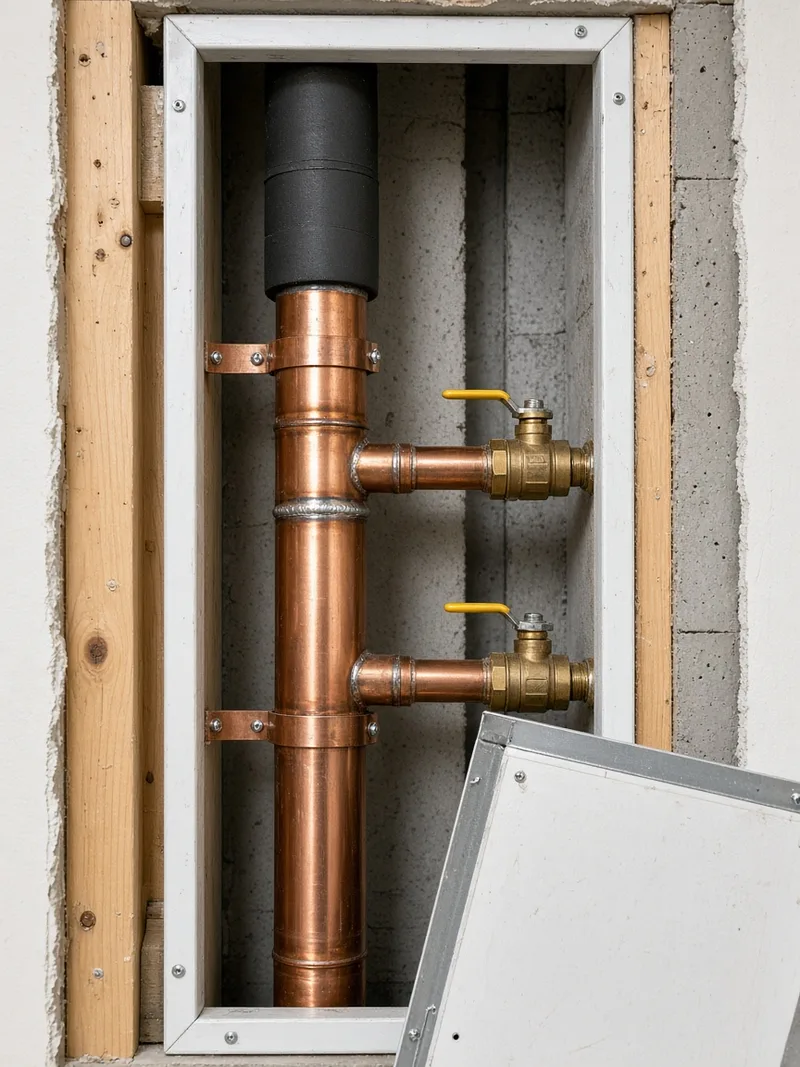 New copper piping installed in an opened riser shaft during a BMI re-piping programme
