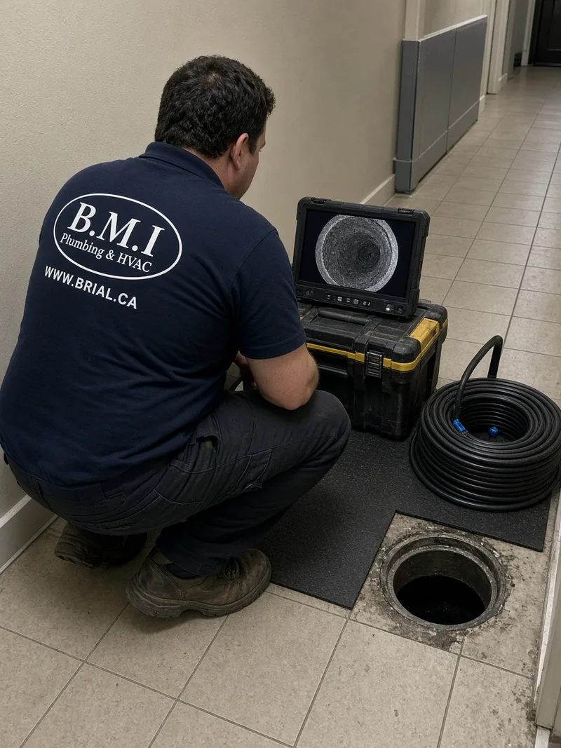 BMI technician reviewing drain camera footage of a cleaned condominium kitchen stack at an opened cleanout