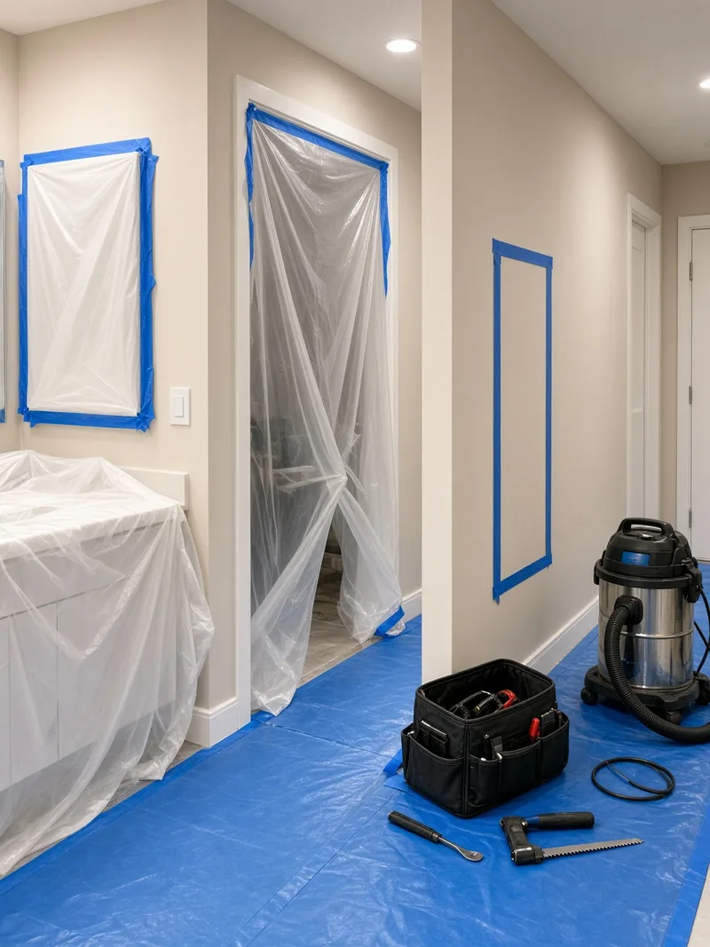 A Toronto condominium suite masked off and protected before the wall is opened for BMI re-piping work