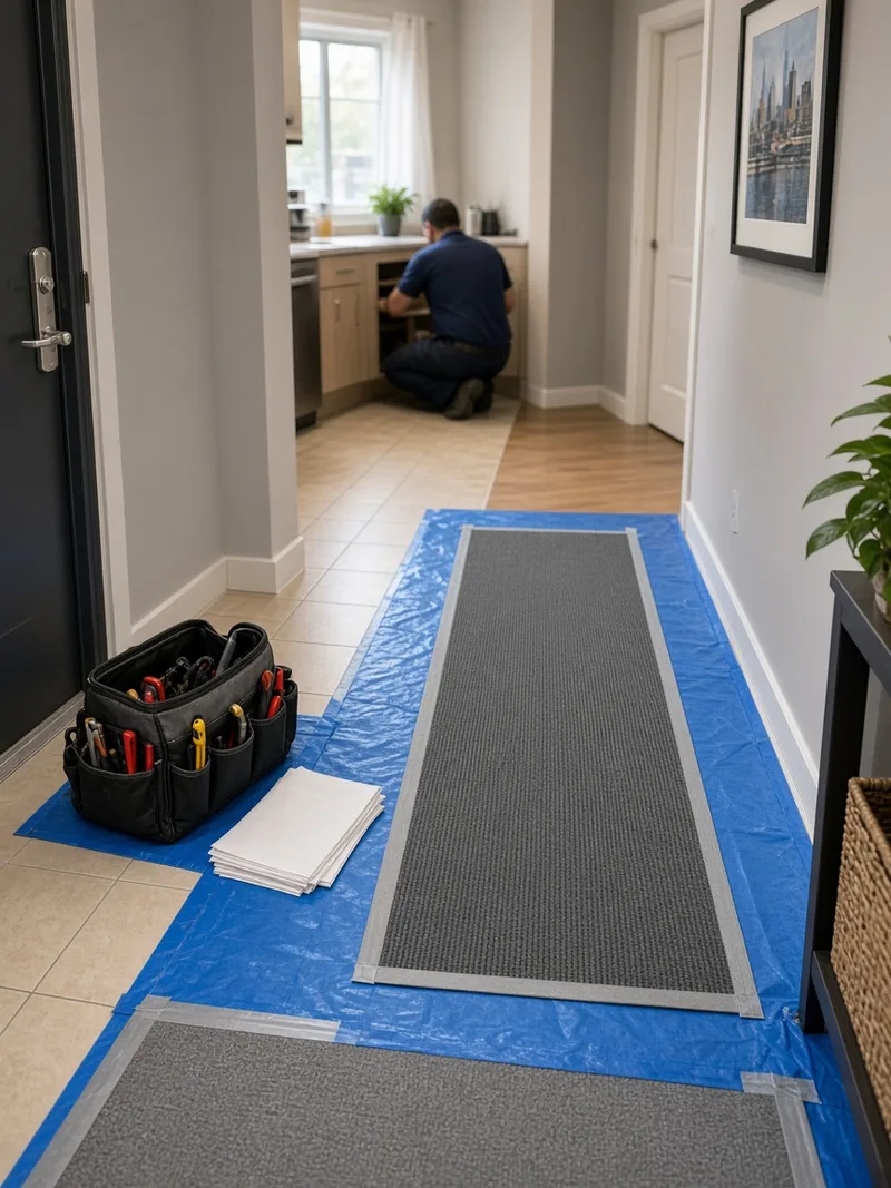 Corridor and suite entrance protected with floor covering during a BMI riser replacement programme in an occupied Toronto condominium