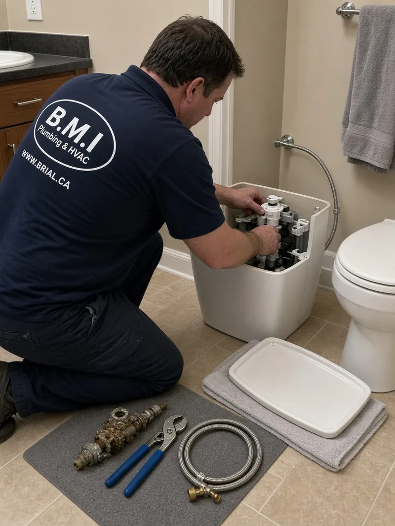 BMI plumber fitting a new fill valve in a toilet tank in a Toronto condominium bathroom