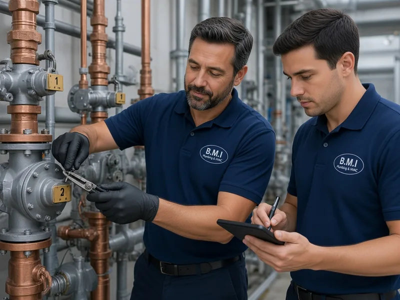 BMI technicians fitting numbered tags to isolation valves and recording them during a condominium valve audit