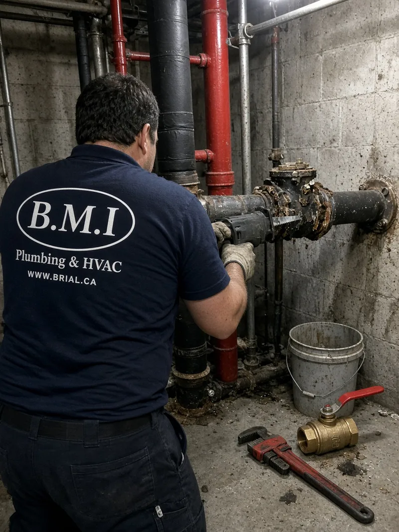 BMI plumber cutting a seized gate valve out of a riser main in a Toronto condominium mechanical room